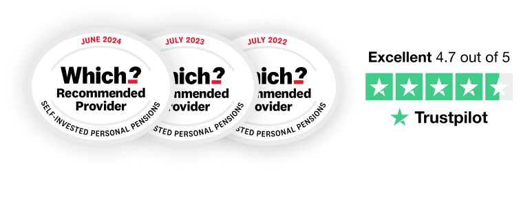 Three "Which? Recommended Provider" self-invested personal pensions awards for 2022, 2023, and 2024 beside 4.7 star Trustpilot rating.