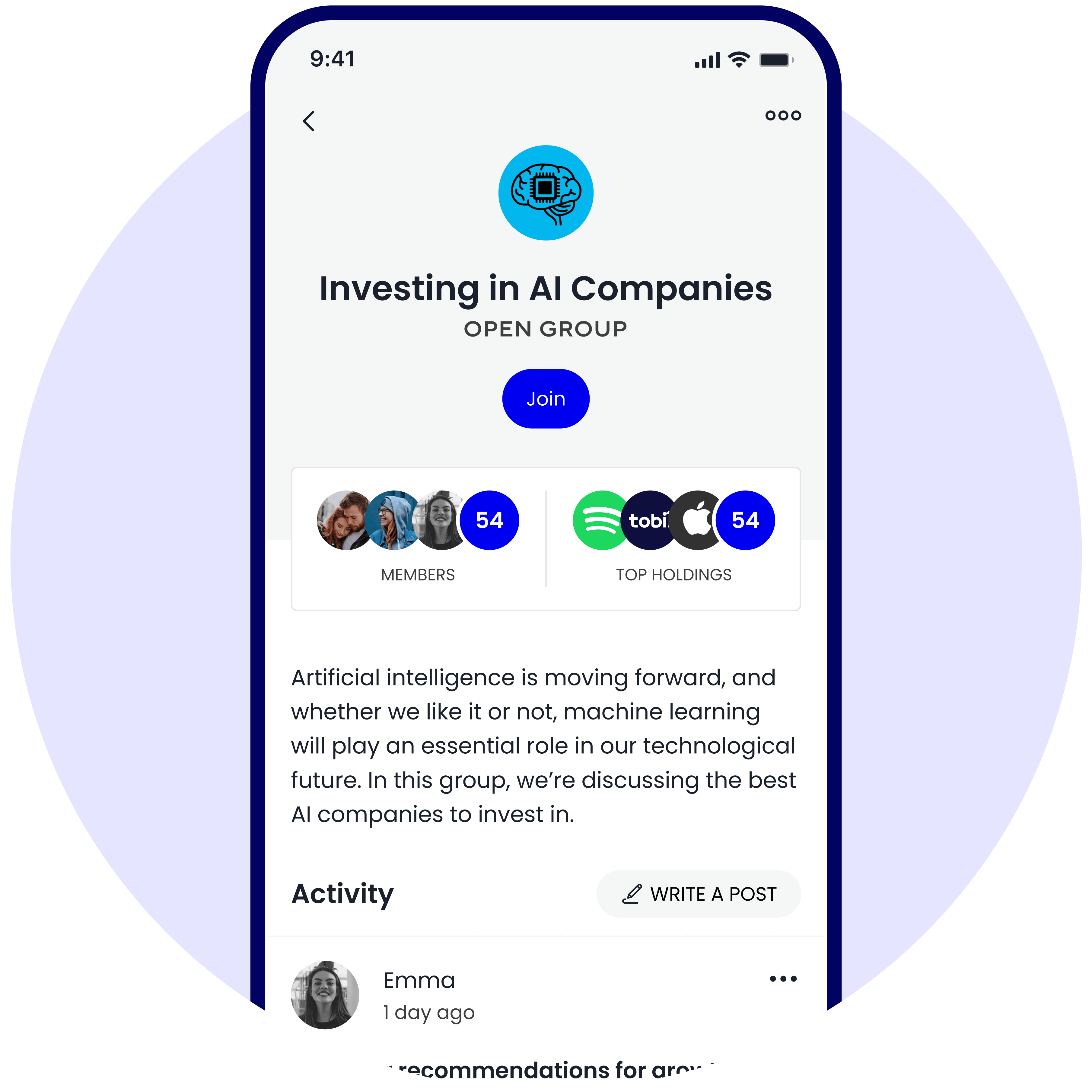 Mobile device showing social investing group in ii Community