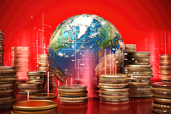 Stacked coins and Earth against a red background