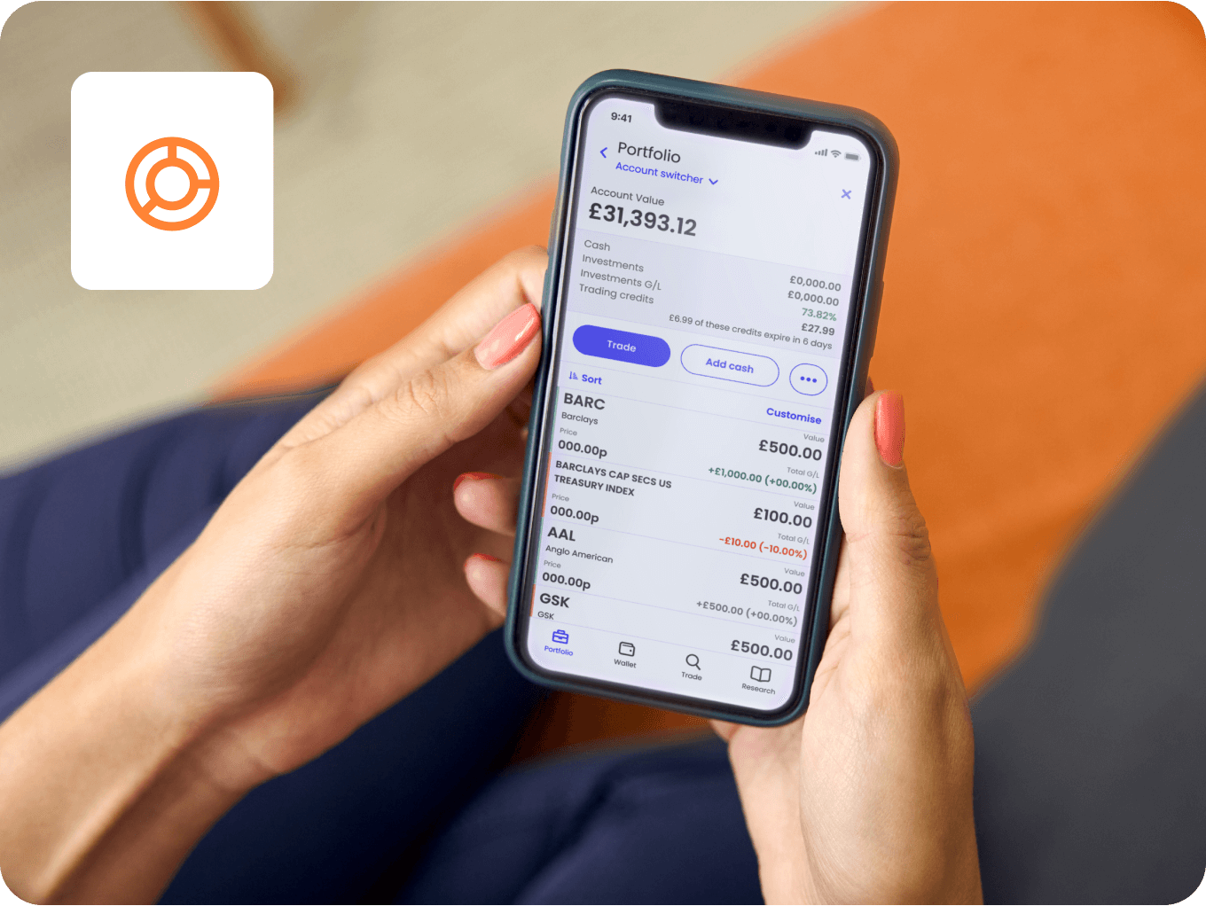"Funds" icon in the top-left corner, woman holding a mobile phone showing a "Portfolio Overview" screen.