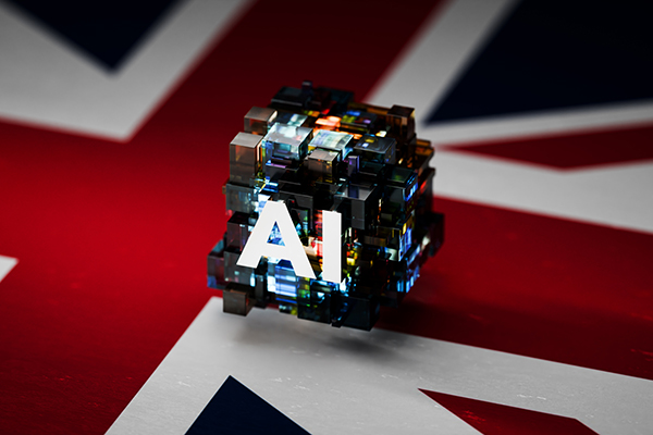 AI symbol hovering above UK flag, Getty