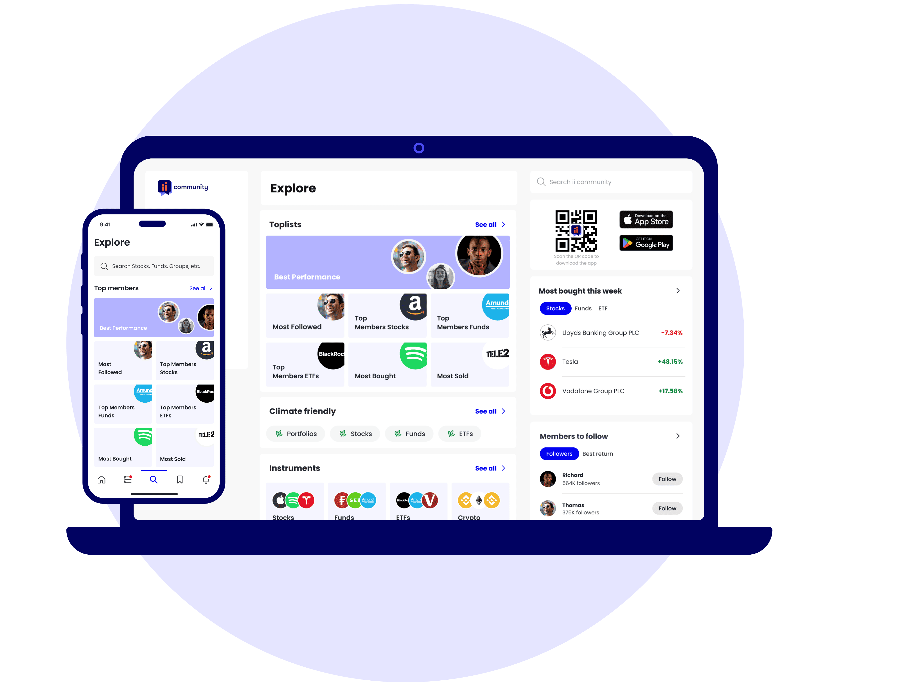 ii Community app "Explore" page displayed on mobile and desktop devices