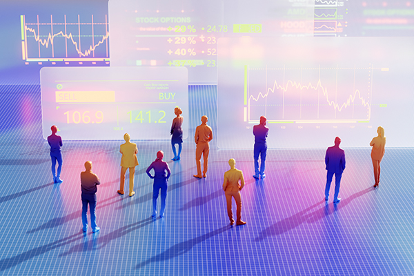 Investors gathered around investment data