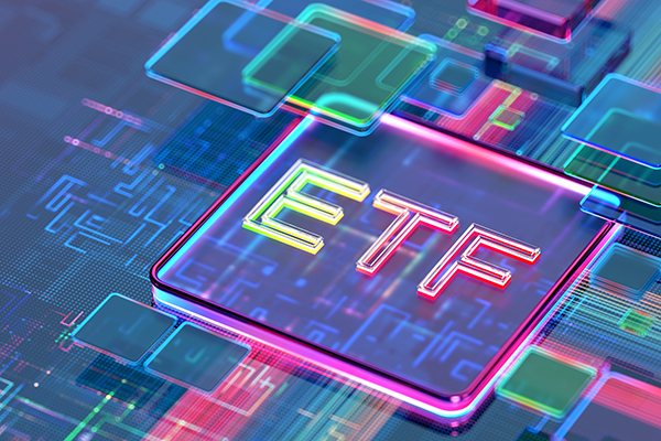 ETF text on abstract digital background, Getty