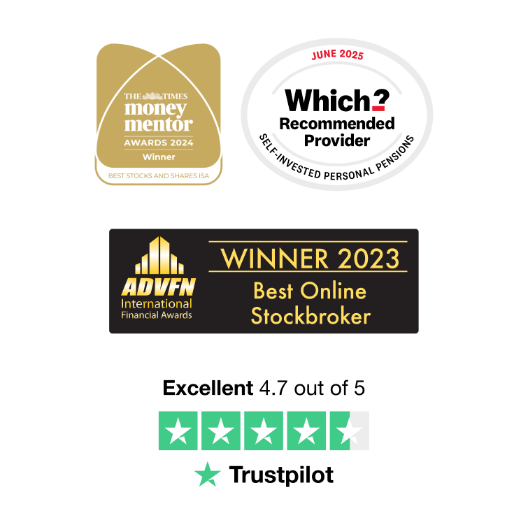 Award logos, including "The Times Money Mentor Awards 2024," "Which? Recommended Provider June 2025," and "ADVFN Winner 2023 Best Online Stockbroker".