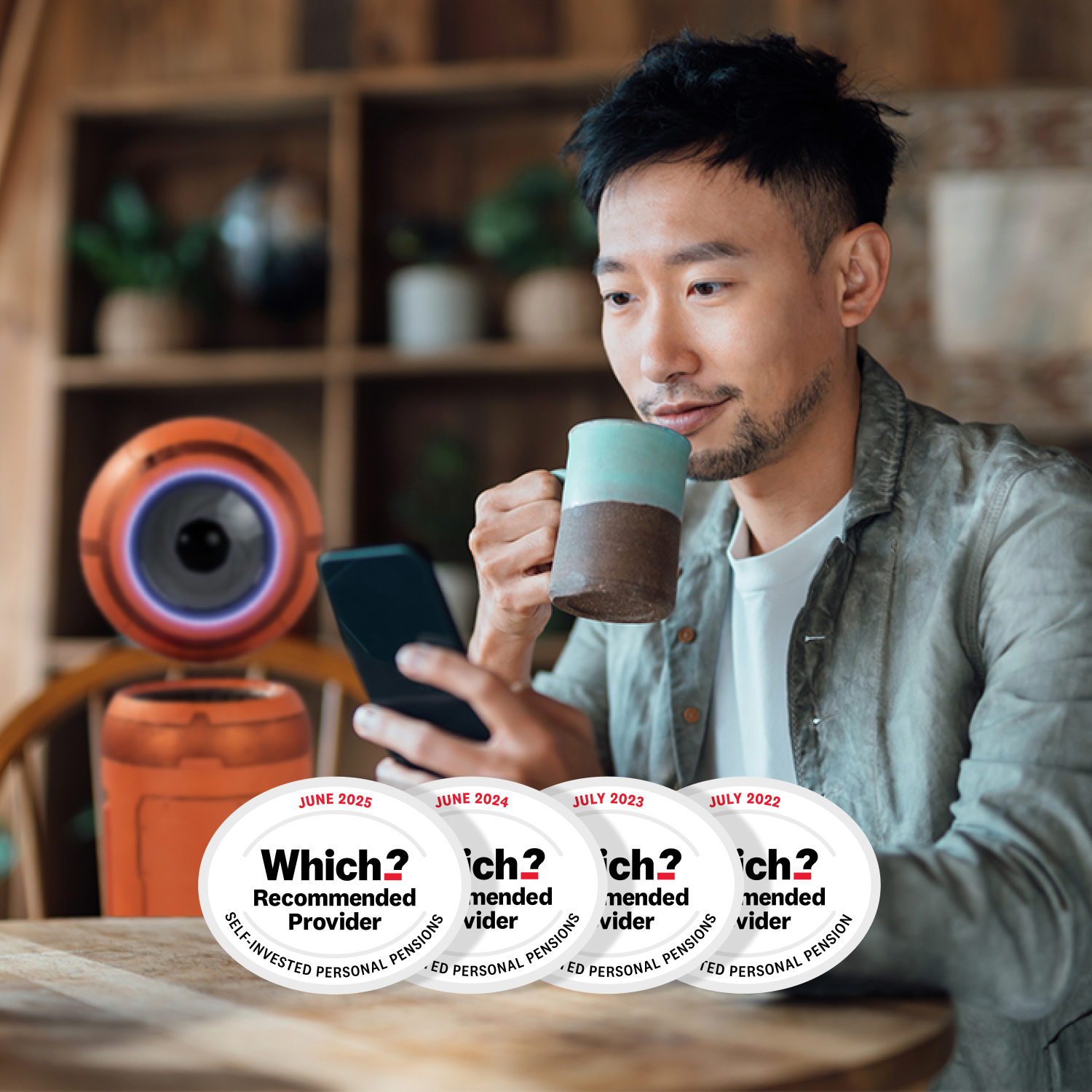 Man on mobile phone with ii robot - Four Which? Recommended Provider awards for SIPP
