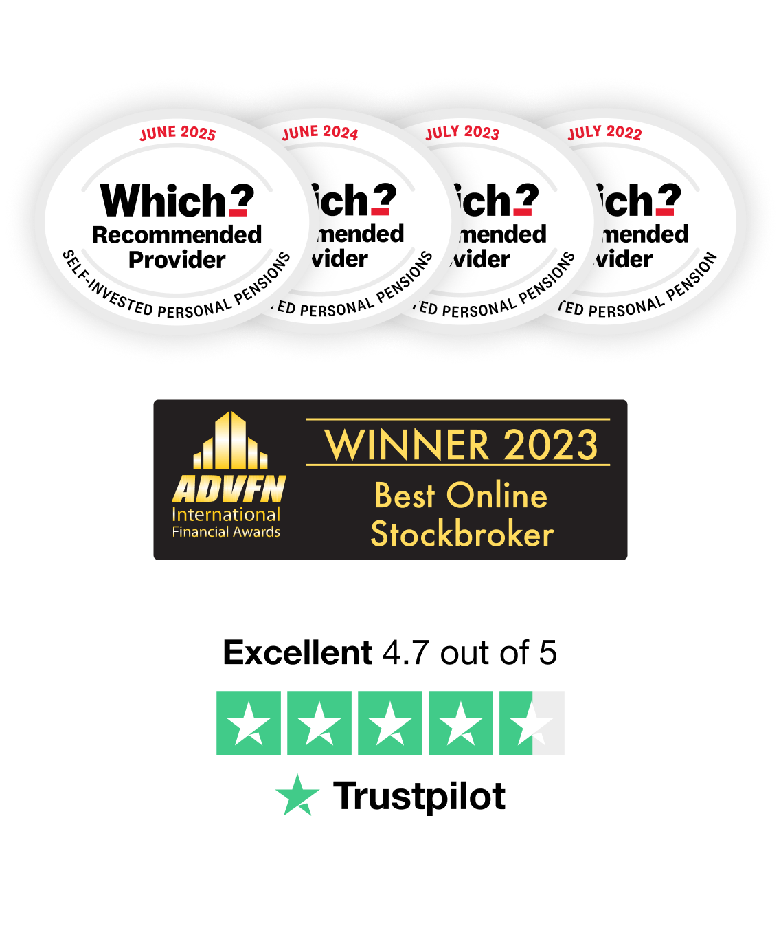 Four "Which?" Recommended Provider awards, a 2023 ADVFN award for "Best Online Stockbroker", and a 4.7-star Trustpilot rating.