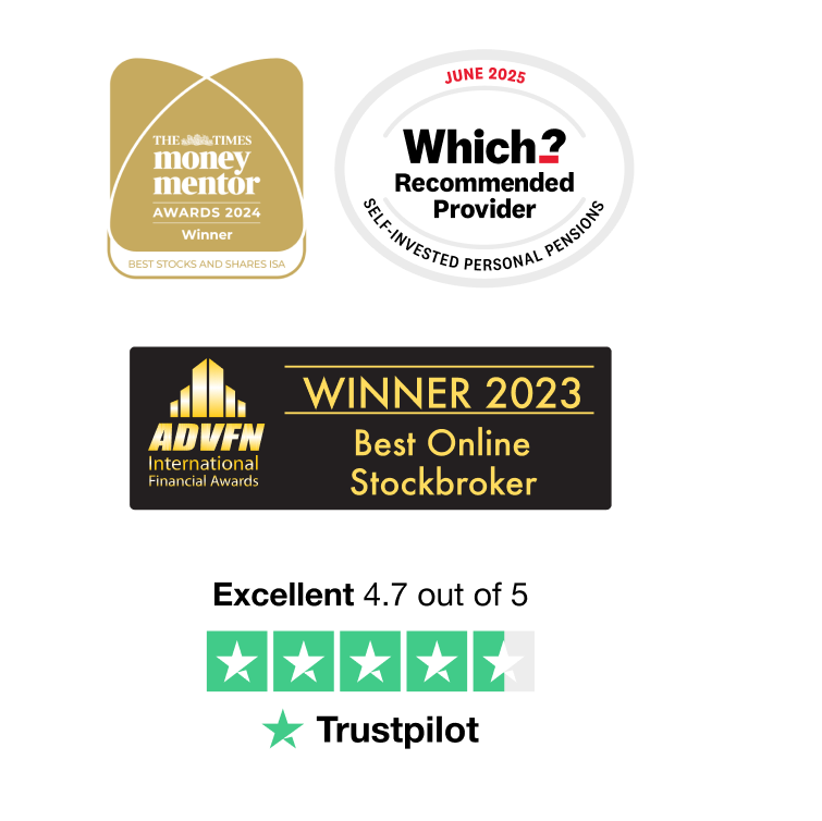 Award logos, including "The Times Money Mentor Awards 2024," "Which? Recommended Provider June 2025," and "ADVFN Winner 2023 Best Online Stockbroker".