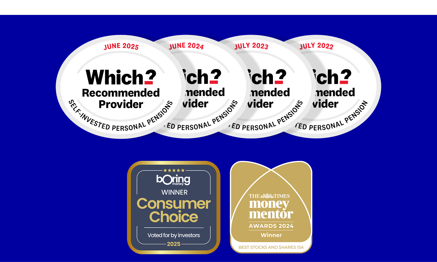 Four Which? Recommended Provider awards for SIPP, The Times and Boring Money awards