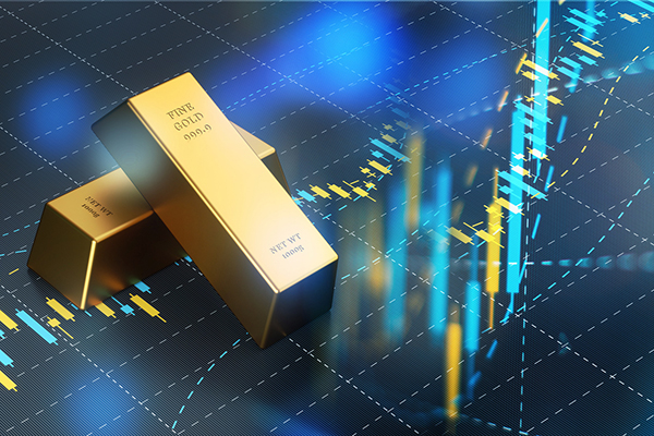Gold bars against blue financial chart