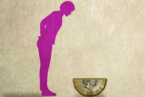 Illustration of woman looking at halved pound coin, Getty