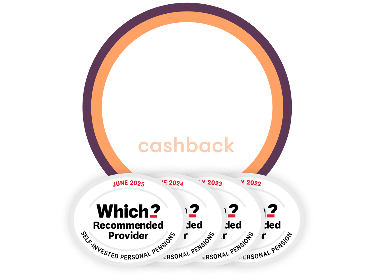 £100-2000 cashback SIPP offer with 4x Which Recommended logo