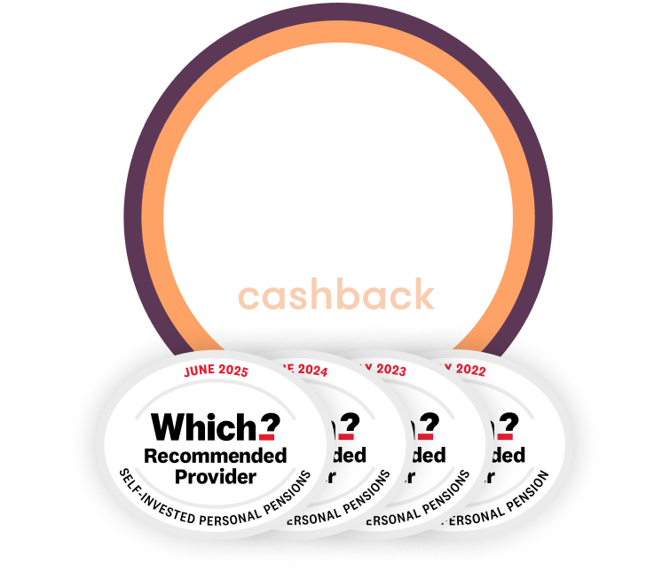 £100-2000 cashback SIPP offer with 4x Which Recommended logo