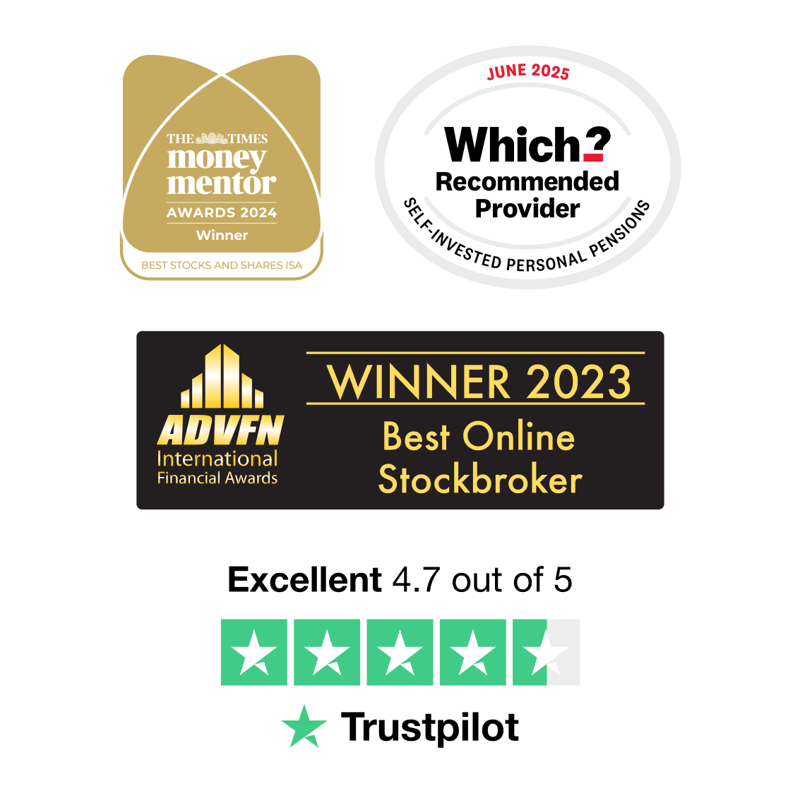 Awards logos, including The Times Money Mentor "Best Stocks and Shares ISA", Which? "Recommended Provider" for SIPPs 2025 and ADVFN's "Best Online Stockbroker” 2023.