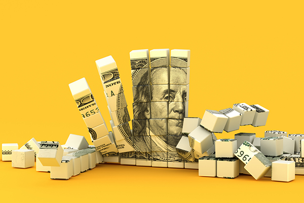 Falling сubes with $100 bills texture on a yellow background