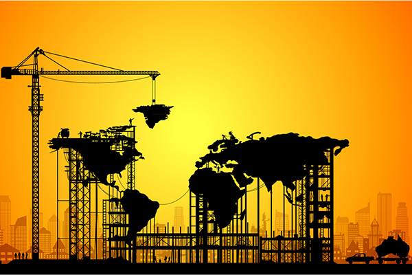 A global map with a crane, illustrating portfolio construction