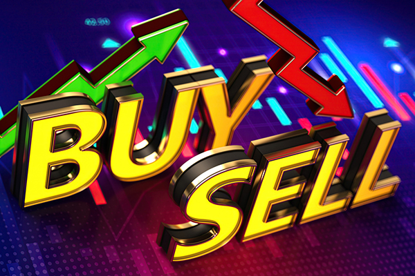 Buy and sell sign with arrows and financial trading chart