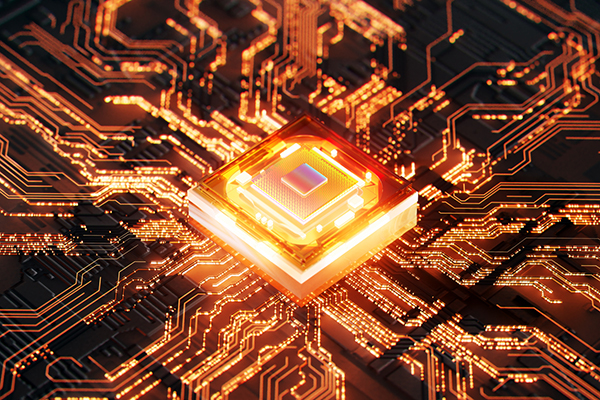 Glowing futuristic semiconductor and digital data flowing. Innovation, AI and cybersecurity concepts