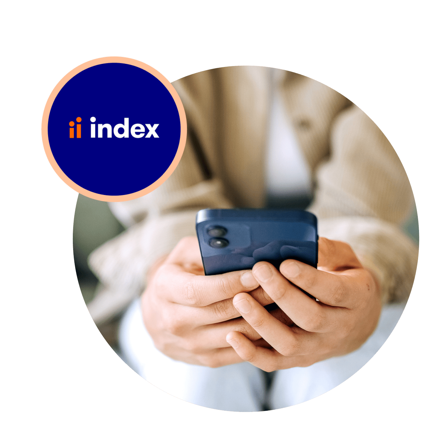 Hands holding a mobile device, with words "ii index" in a roundel