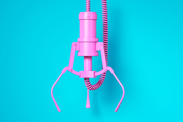 Mechanical grabber in pink against blue background