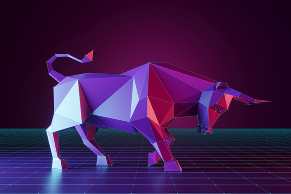 A purple stock market bull