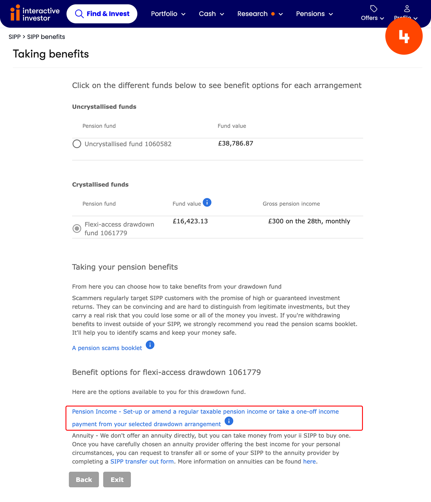 One off payment from existing drawdown pot - step 4