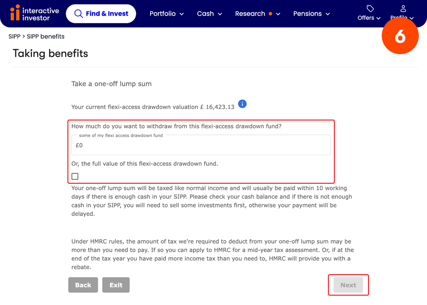 One off payment from existing drawdown pot - step 6