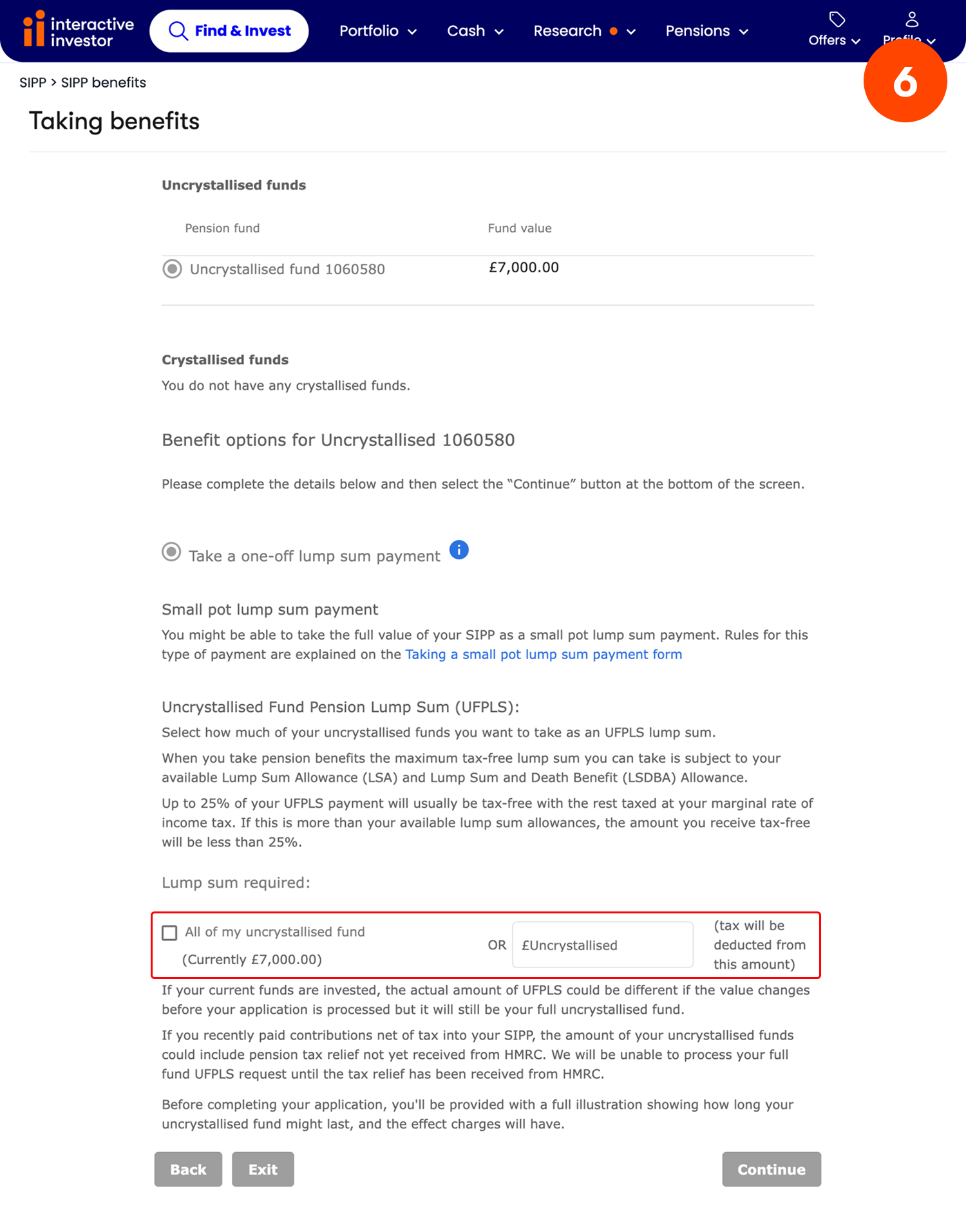 Taking a UFPLS lump sum payment - step 6
