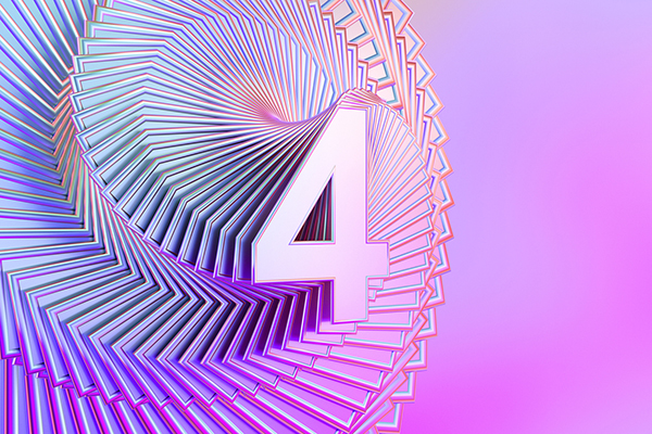 Colourful number four in a swirly pattern