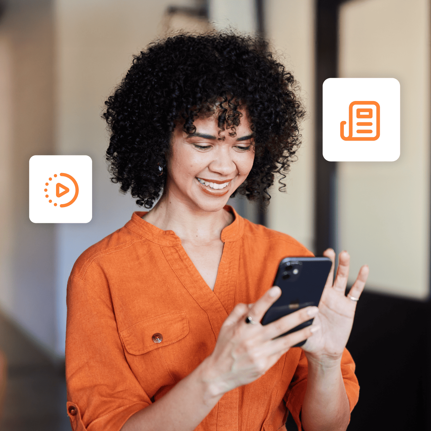 A woman in orange shirt taking advantage of Investment Coach