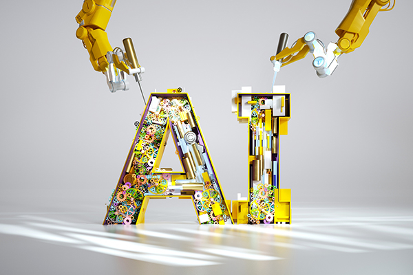 Robot arms constructing AI sign, Getty