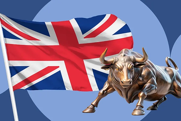 Union flag with a gold bull beside it