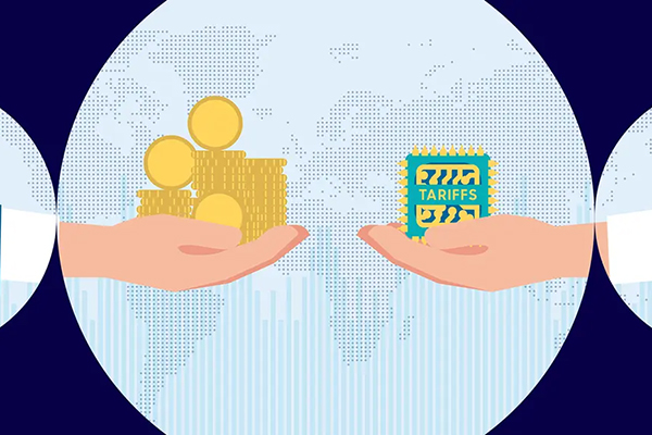 Aberdeen image of outstretched hands, one holding coins and the other tariffs