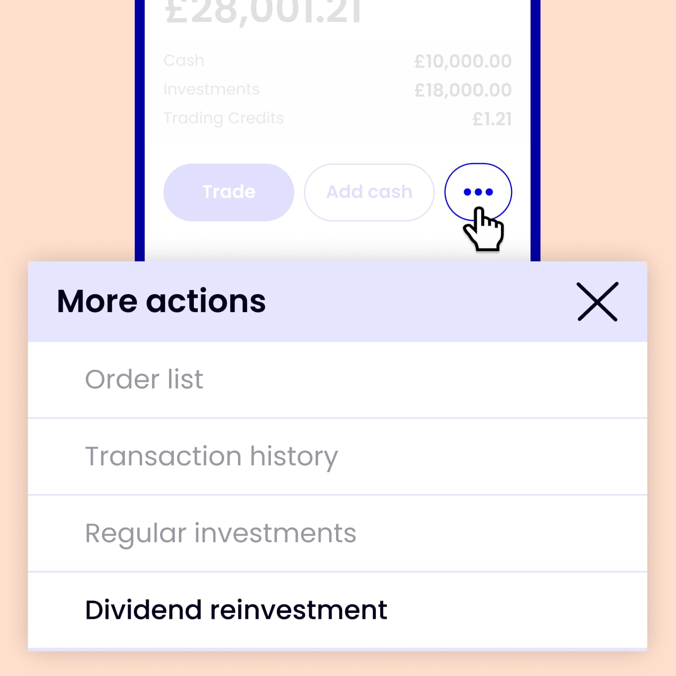 An image of ii app's user interface that focuses on selecting the dividends reinvestment option