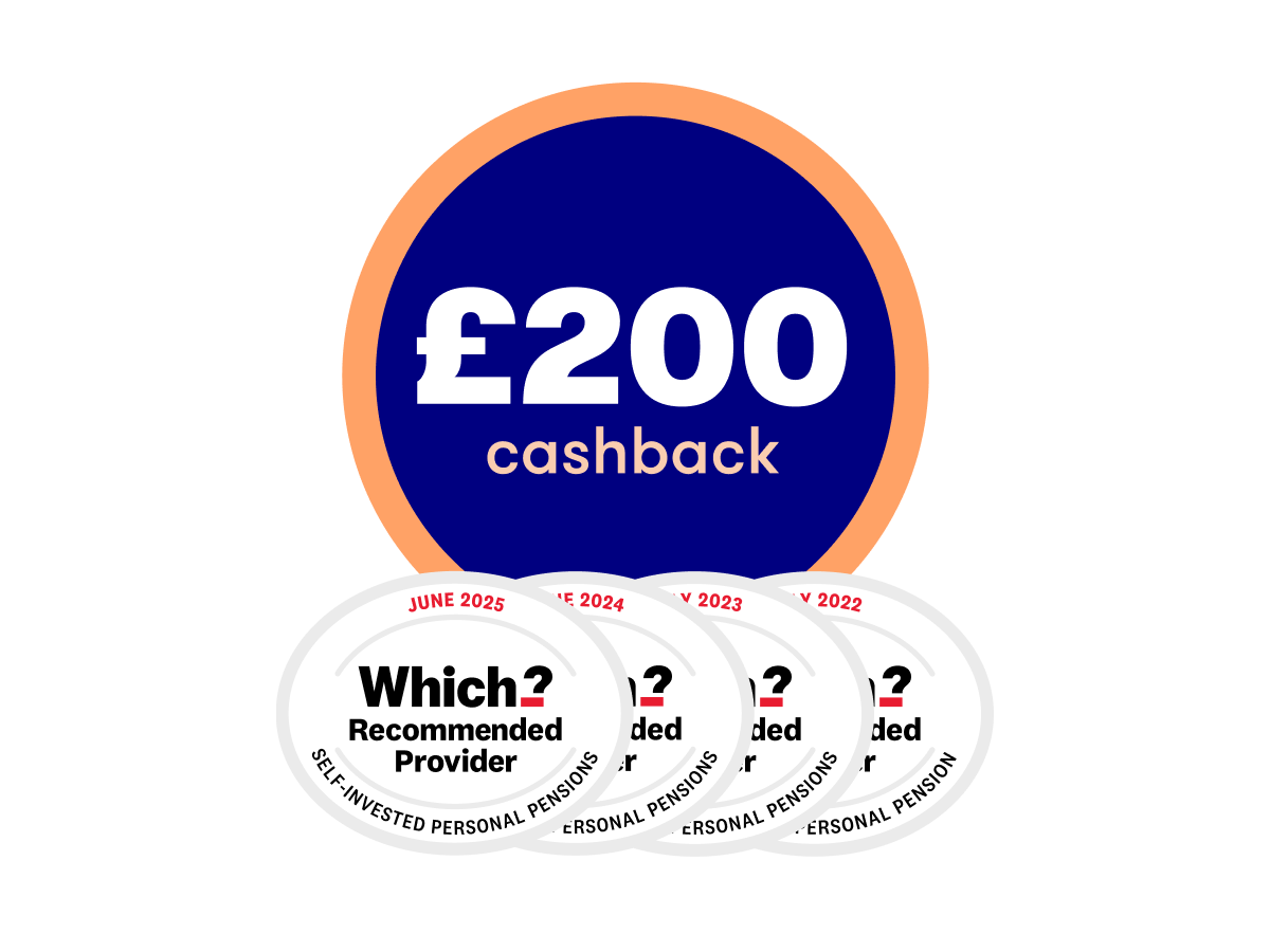 £200 cashback SIPP offer with 4x Which Recommended logo