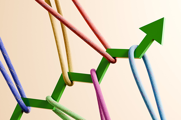 Green arrow zig-zagging upwards amid conflicting forces