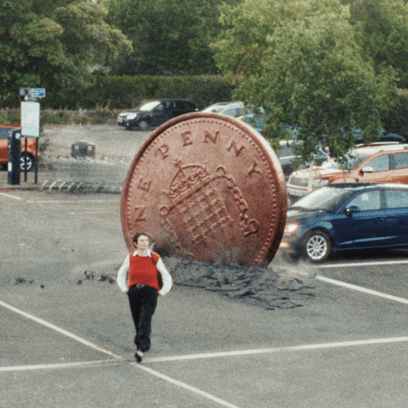 An image of individual walking past big 1 penny coin