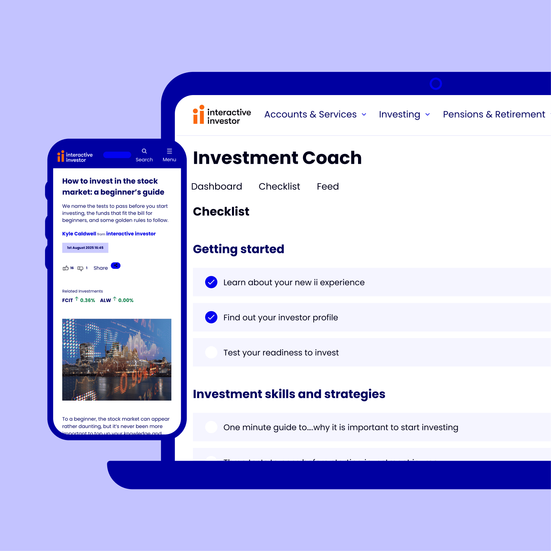 illustration of the user interface of ii investment coach on a laptop and stock market news on a mobile device