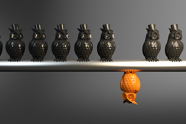 Orange owl hanging upside down, black owls aligned, contrary