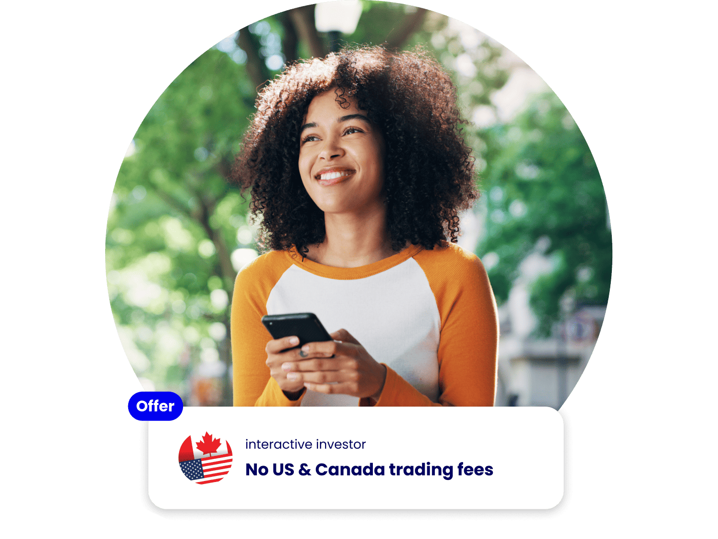 young woman mobile outdoors happy us canada trading offer