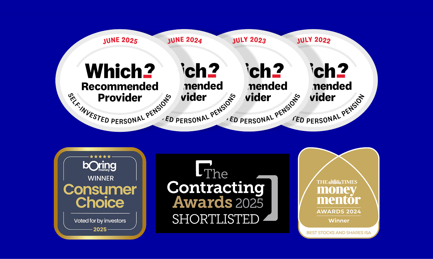 2025 Which recommended SIPP provider award, 2025 Boring Money Consumer Choice award, 2024 Money Mentor award and shortlisted for The 2025 Contracting award logos