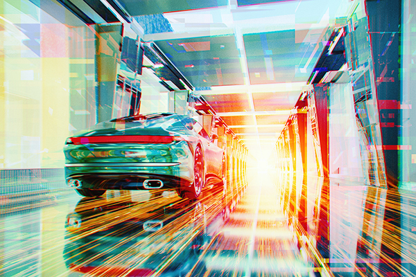 Speeding car in futuristic city