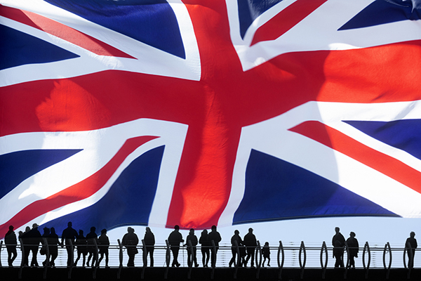 People against a Union flag