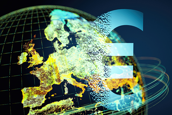 Euro sign over illuminated map of Europe