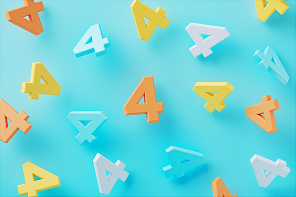 Colourful numbers fours on a blue background
