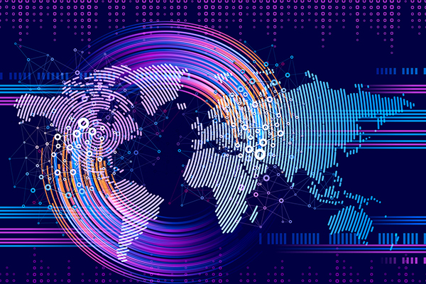 Global map with circles emanating from the centre