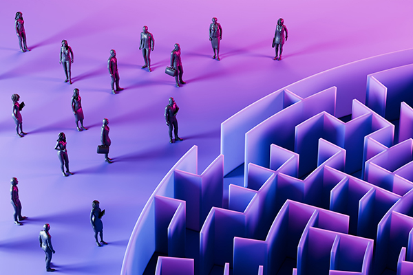 Circular purple maze surrounded by people, Getty