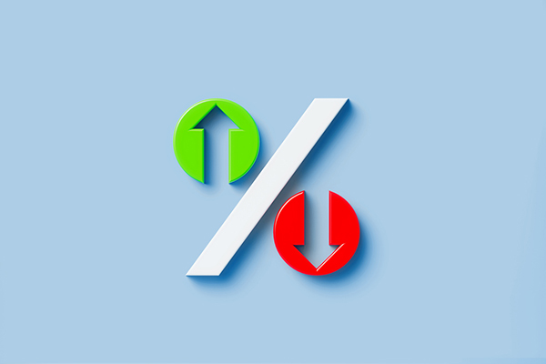Red and green up and down arrow symbols forming a percentage sign on blue background