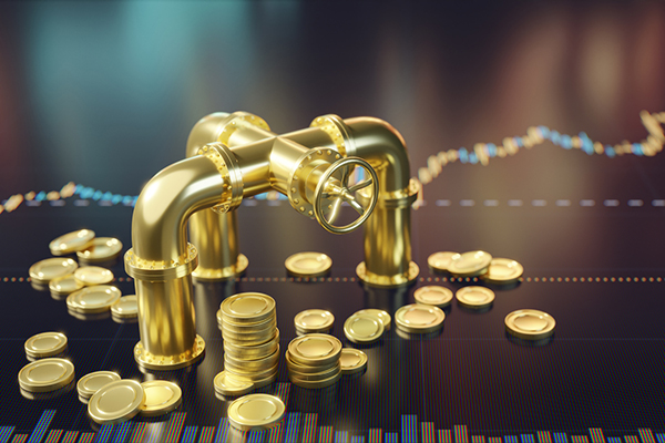 Golden gas tap with pipes surrounded with coins