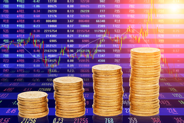 Gold coins and market chart